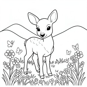 Baby Deer in a Meadow – A sweet fawn standing among flowers and butterflies with  FEW hills behind. Large simple shapes.
