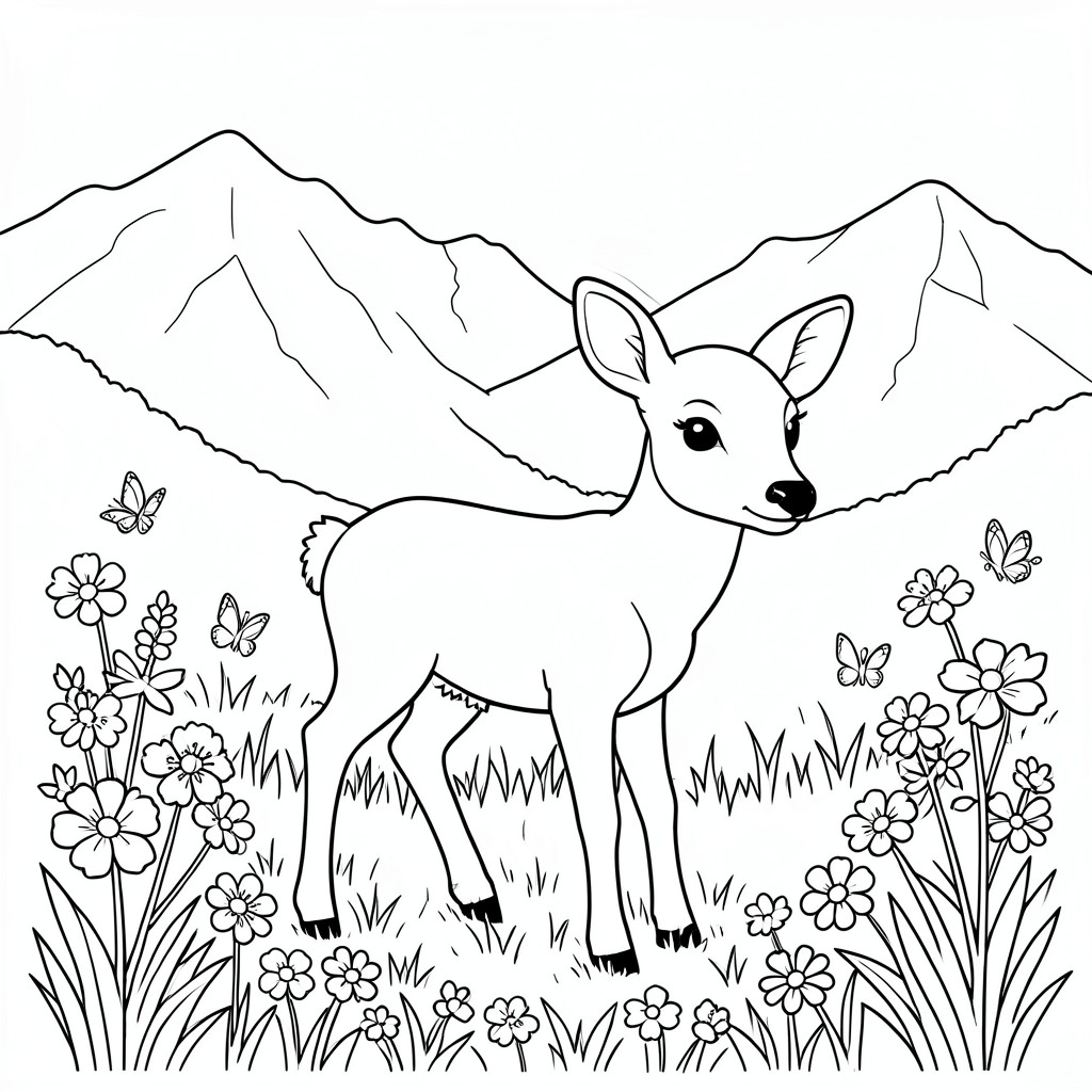 Baby Deer in a Meadow – A sweet fawn standing among flowers and butterflies with YELLOWSTONE  hills behind. Large simple shapes.