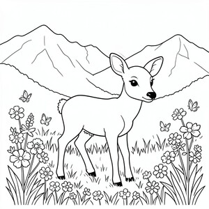 Baby Deer in a Meadow – A sweet fawn standing among flowers and butterflies with YELLOWSTONE  hills behind. Large simple shapes.
