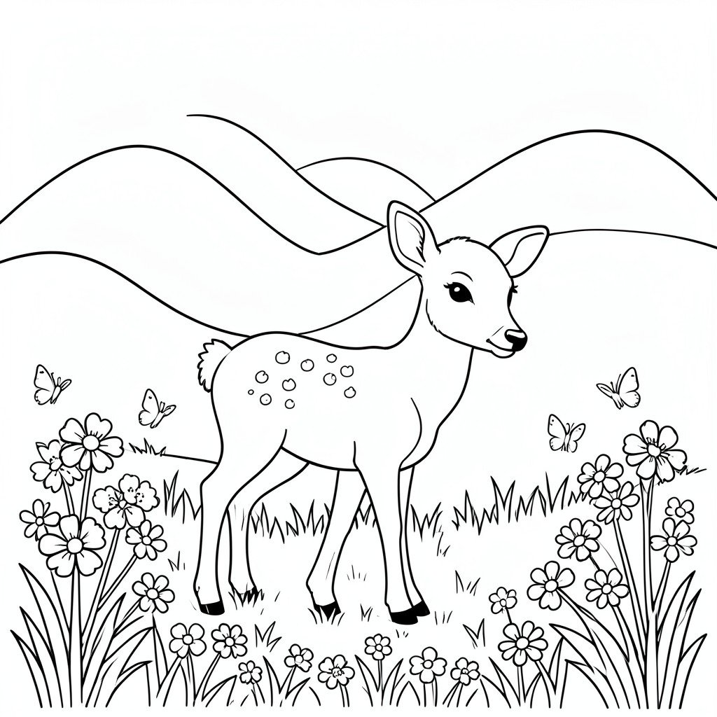 Baby Deer in a Meadow – A sweet fawn standing among flowers and butterflies with BIG hills behind. Large simple shapes.