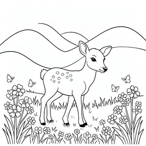 Baby Deer in a Meadow – A sweet fawn standing among flowers and butterflies with BIG hills behind. Large simple shapes.