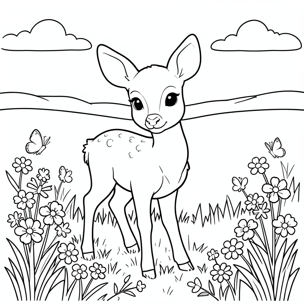 Baby Deer in a Meadow – A sweet fawn standing among flowers and butterflies with OPEN FIELD behind. Large simple shapes.

