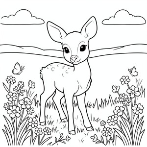 Baby Deer in a Meadow – A sweet fawn standing among flowers and butterflies with OPEN FIELD behind. Large simple shapes.
