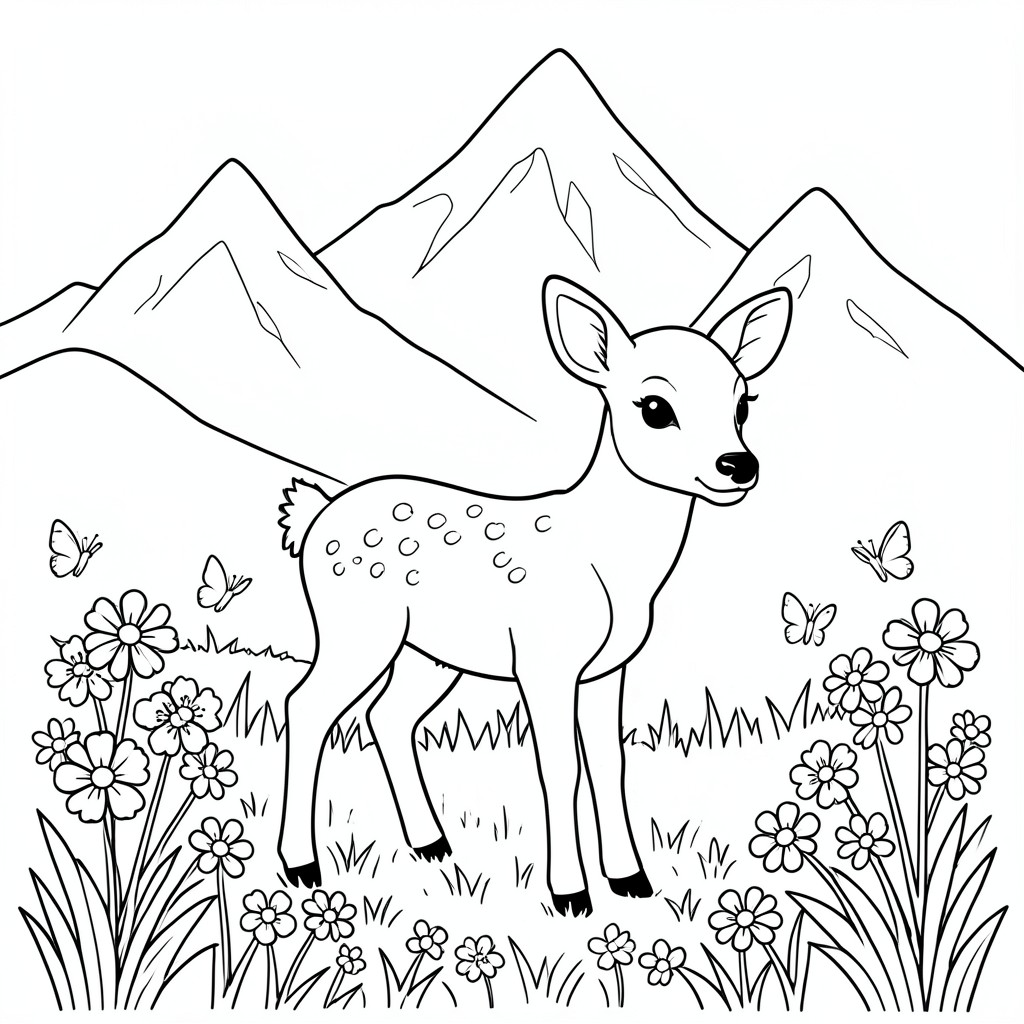 Baby Deer in a Meadow – A sweet fawn standing among flowers and butterflies with MOUNTAINS behind. Large simple shapes.

