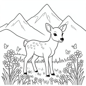 Baby Deer in a Meadow – A sweet fawn standing among flowers and butterflies with MOUNTAINS behind. Large simple shapes.
