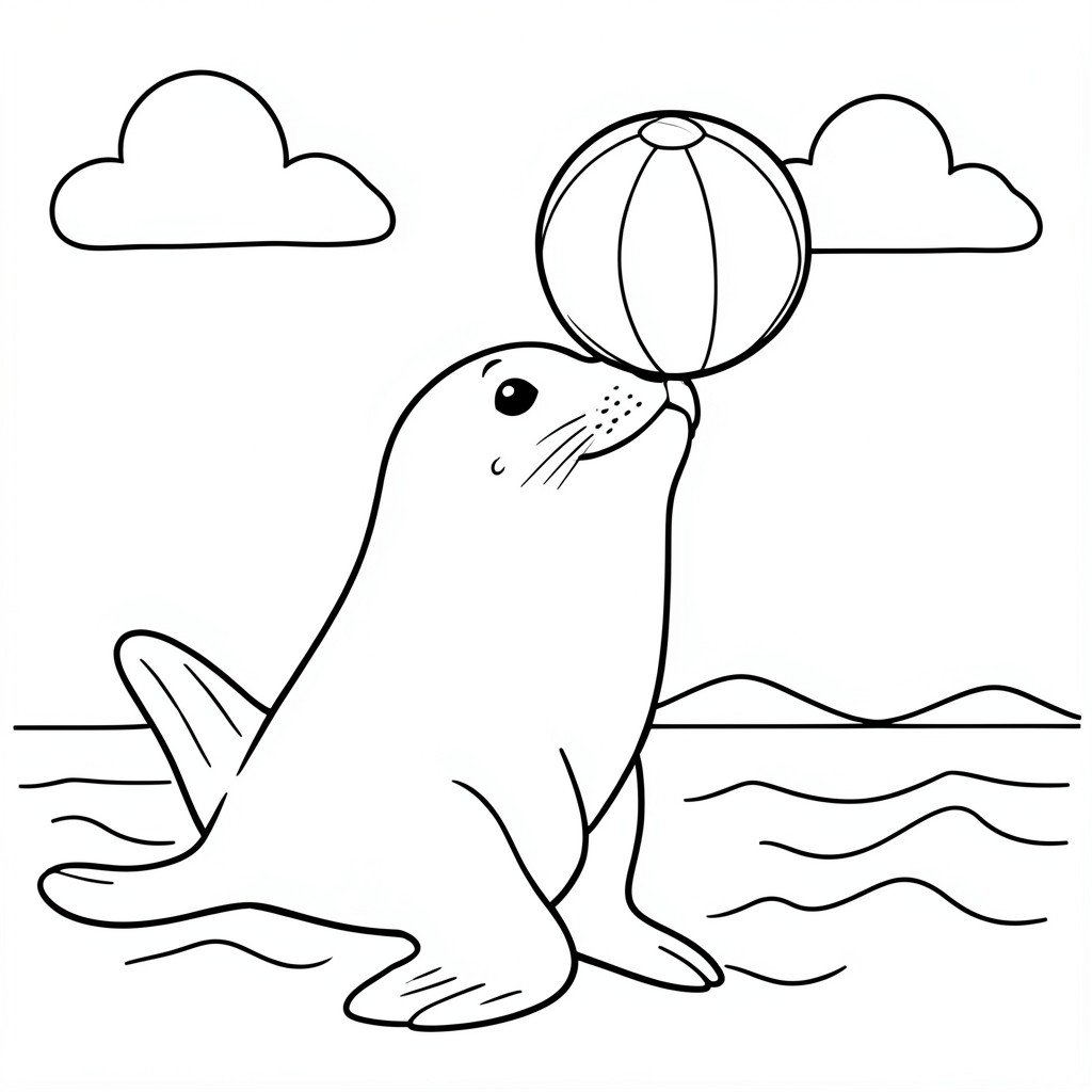 Seal Balancing a Ball – A playful seal balancing a beach ball on its nose beside simple ocean waves and clouds.