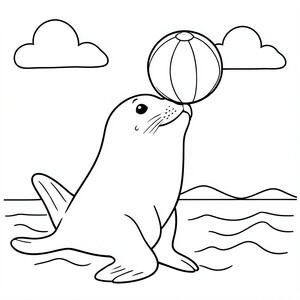 Seal Balancing a Ball – A playful seal balancing a beach ball on its nose beside simple ocean waves and clouds.
