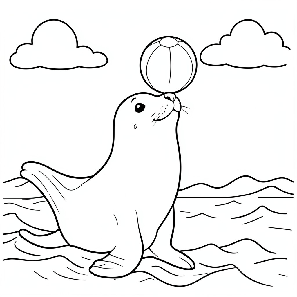Seal Balancing a Ball – A playful seal balancing a beach ball on its nose beside ocean waves and clouds.