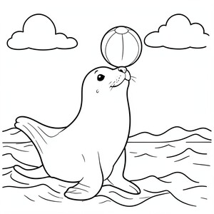 Seal Balancing a Ball – A playful seal balancing a beach ball on its nose beside ocean waves and clouds.