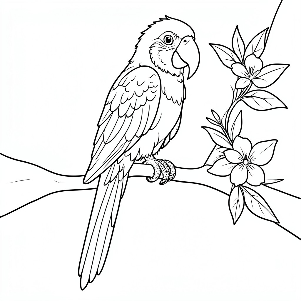 Parrot on a Branch – A tropical parrot sitting on a tree branch with a few leaves and flowers. Big feathers and easy patterns.