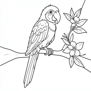 Parrot on a Branch – A tropical parrot sitting on a tree branch with a few leaves and flowers. Big feathers and easy patterns.