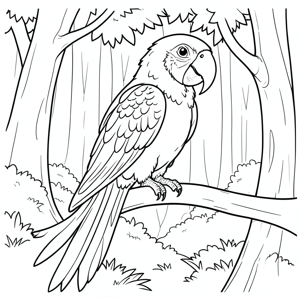Parrot on a Branch – A tropical parrot sitting on a tree branch with FOREST AS A BACKGROUND. Big feathers and easy patterns.