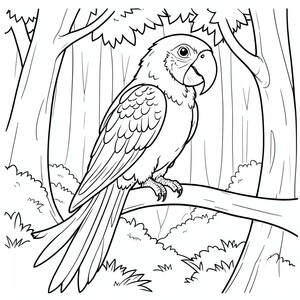 Parrot on a Branch – A tropical parrot sitting on a tree branch with FOREST AS A BACKGROUND. Big feathers and easy patterns.