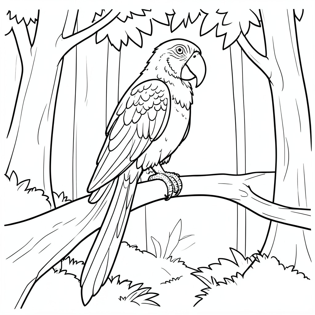 Parrot on a Branch – A tropical parrot sitting on a  LONG tree branch with FOREST AS A BACKGROUND. Big feathers and easy patterns.