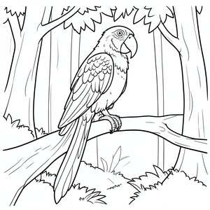 Parrot on a Branch – A tropical parrot sitting on a  LONG tree branch with FOREST AS A BACKGROUND. Big feathers and easy patterns.