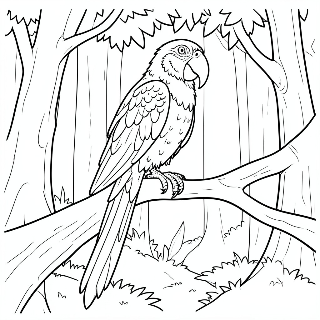 Parrot on a Branch – A tropical parrot sitting on a  LONG tree branches with FOREST AS A BACKGROUND. Big feathers and easy patterns.