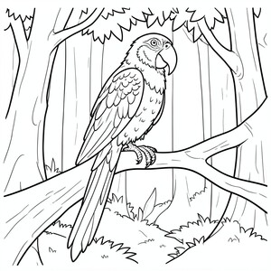 Parrot on a Branch – A tropical parrot sitting on a  LONG tree branches with FOREST AS A BACKGROUND. Big feathers and easy patterns.