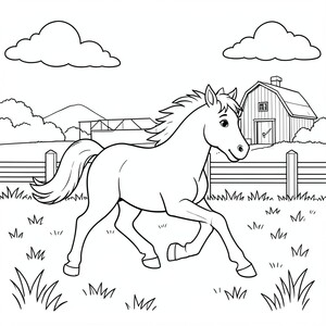Horse Running on a Farm – A happy horse trotting in a field with a fence, barn, and clouds in the distance. Clean simple farm scene.
