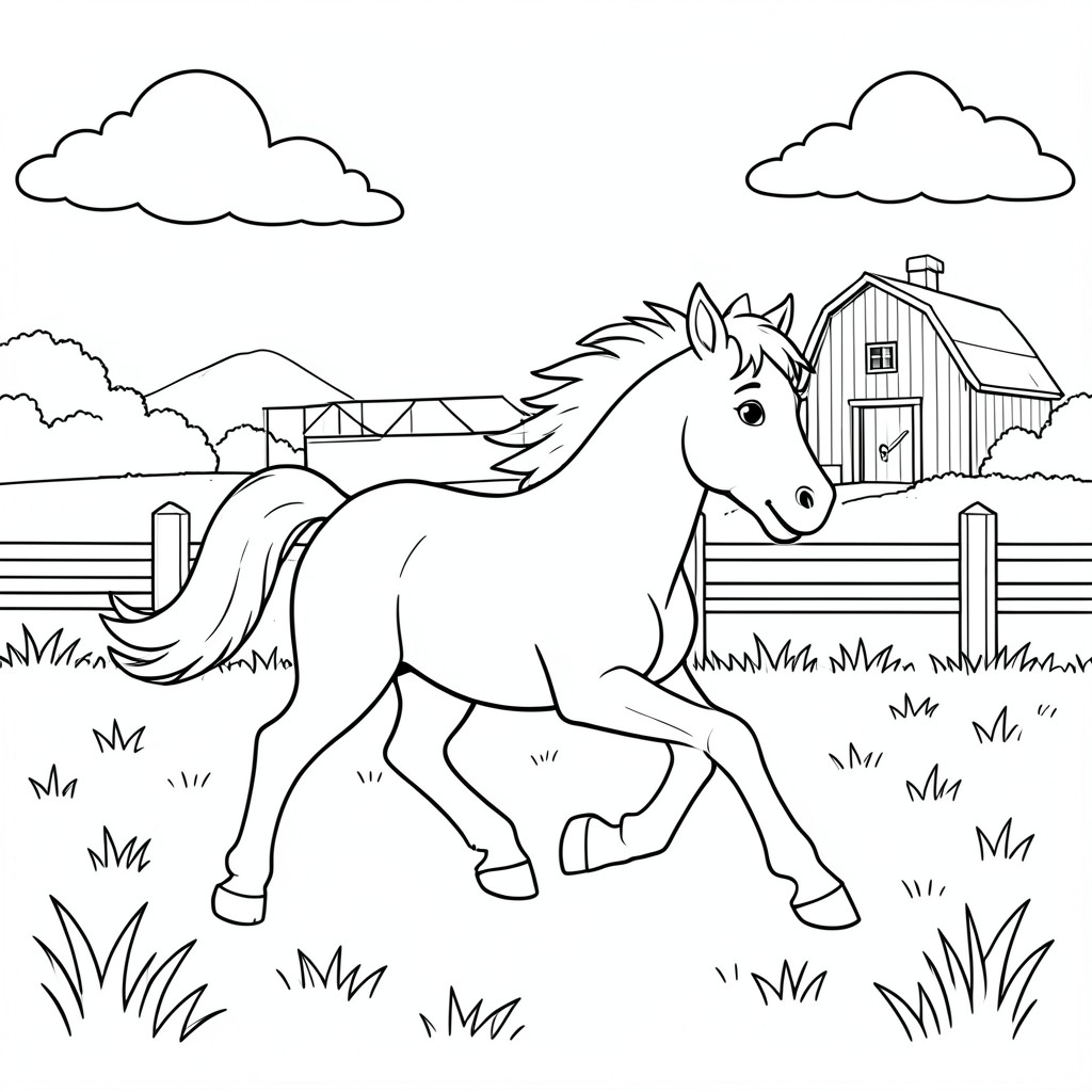 Horse Running on a Farm – A happy horse trotting in a field with a fence, barn, and clouds in the distance. Clean simple farm scene.
