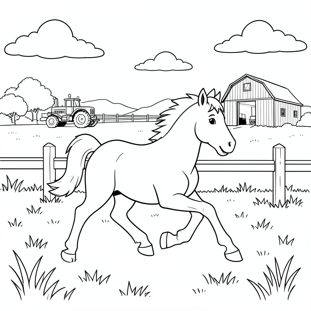 Horse Running on a Farm – A happy horse trotting in a field with a fence, TRACTOR, barn, and clouds in the distance. Clean simple farm scene.
