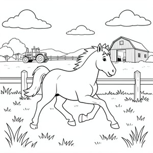 Horse Running on a Farm – A happy horse trotting in a field with a fence, TRACTOR, barn, and clouds in the distance. Clean simple farm scene.
