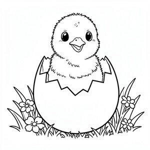 Chick Hatching from an Egg – A fluffy baby chick popping out of a cracked egg with flowers and grass nearby. Cute and simple.
