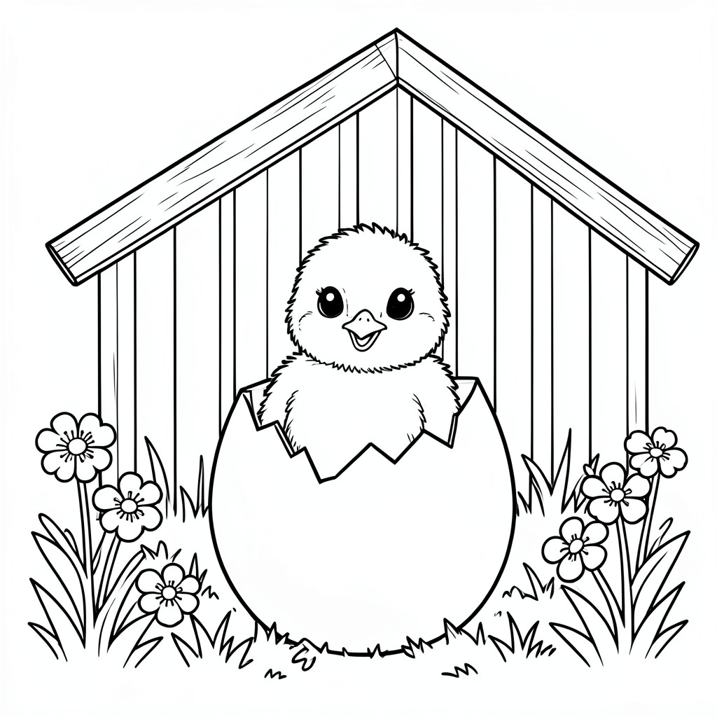 Chick Hatching from an Egg – A fluffy baby chick popping out of a cracked egg inside coop with flowers and grass nearby. Cute and simple.
