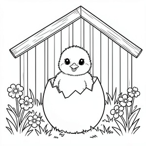 Chick Hatching from an Egg – A fluffy baby chick popping out of a cracked egg inside coop with flowers and grass nearby. Cute and simple.
