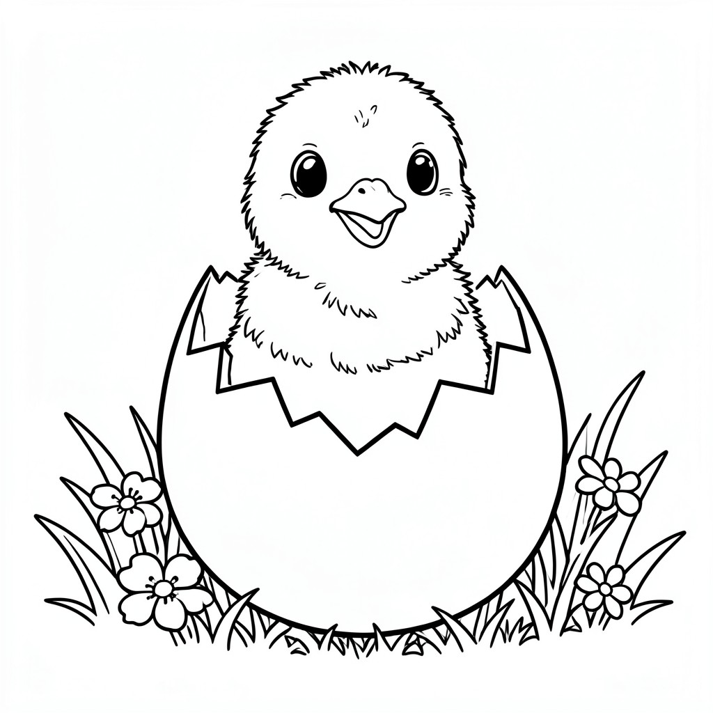 Chick Hatching from an Egg – A fluffy baby chick popping out of a cracked egg with flowers and grass nearby. Cute and simple.
