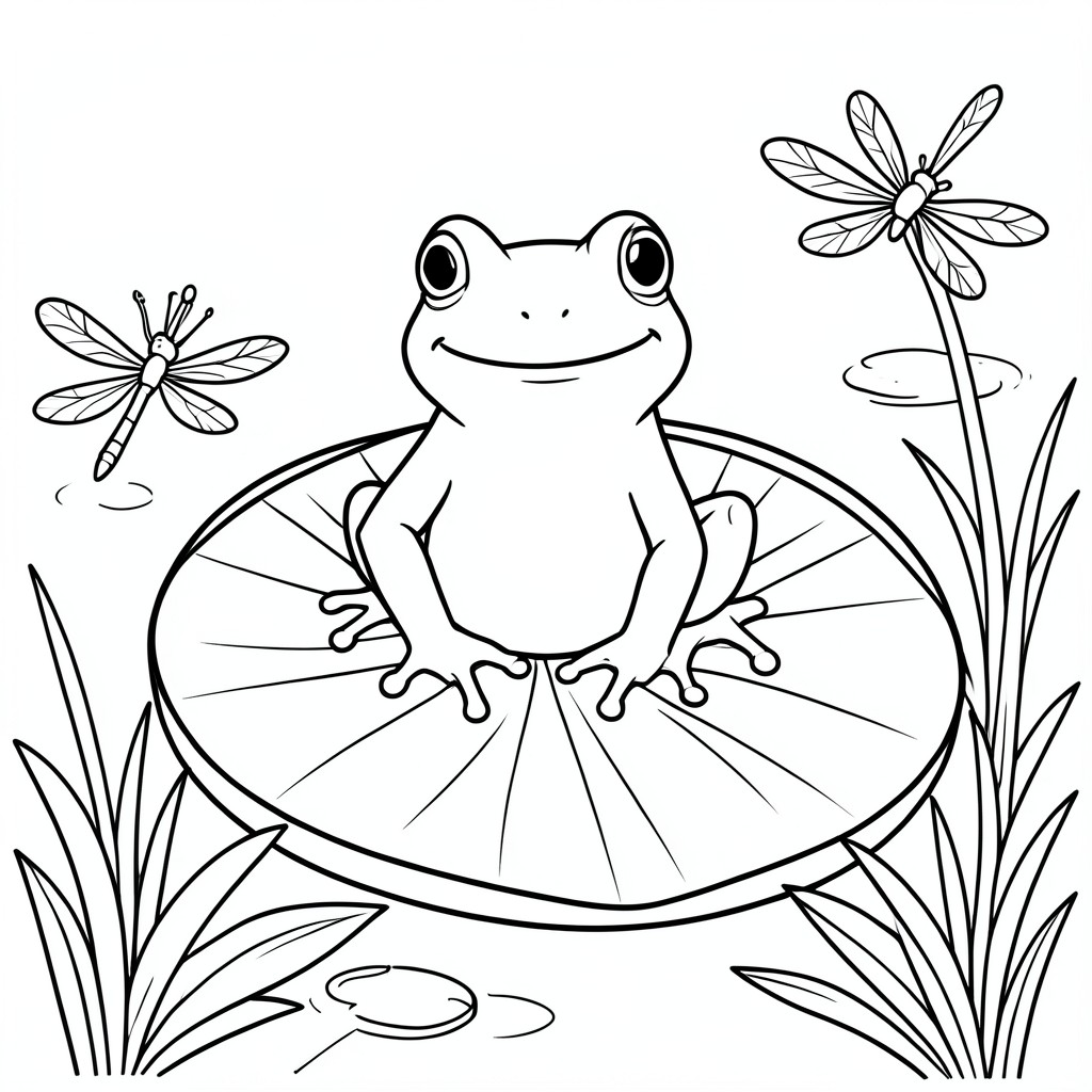 Frog on a Lily Pad – A happy frog sitting on a large lily pad surrounded by simple pond plants and dragonflies.
