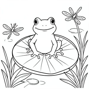 Frog on a Lily Pad – A happy frog sitting on a large lily pad surrounded by simple pond plants and dragonflies.
