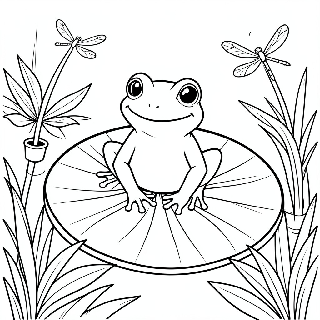 Frog on a Lily Pad – A happy frog sitting on a large lily pad surrounded by pond plants and dragonflies.

