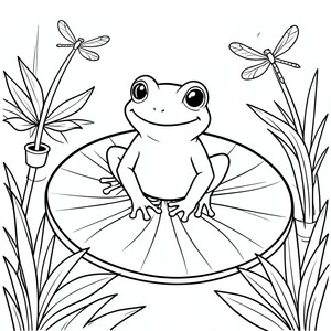 Frog on a Lily Pad – A happy frog sitting on a large lily pad surrounded by pond plants and dragonflies.
