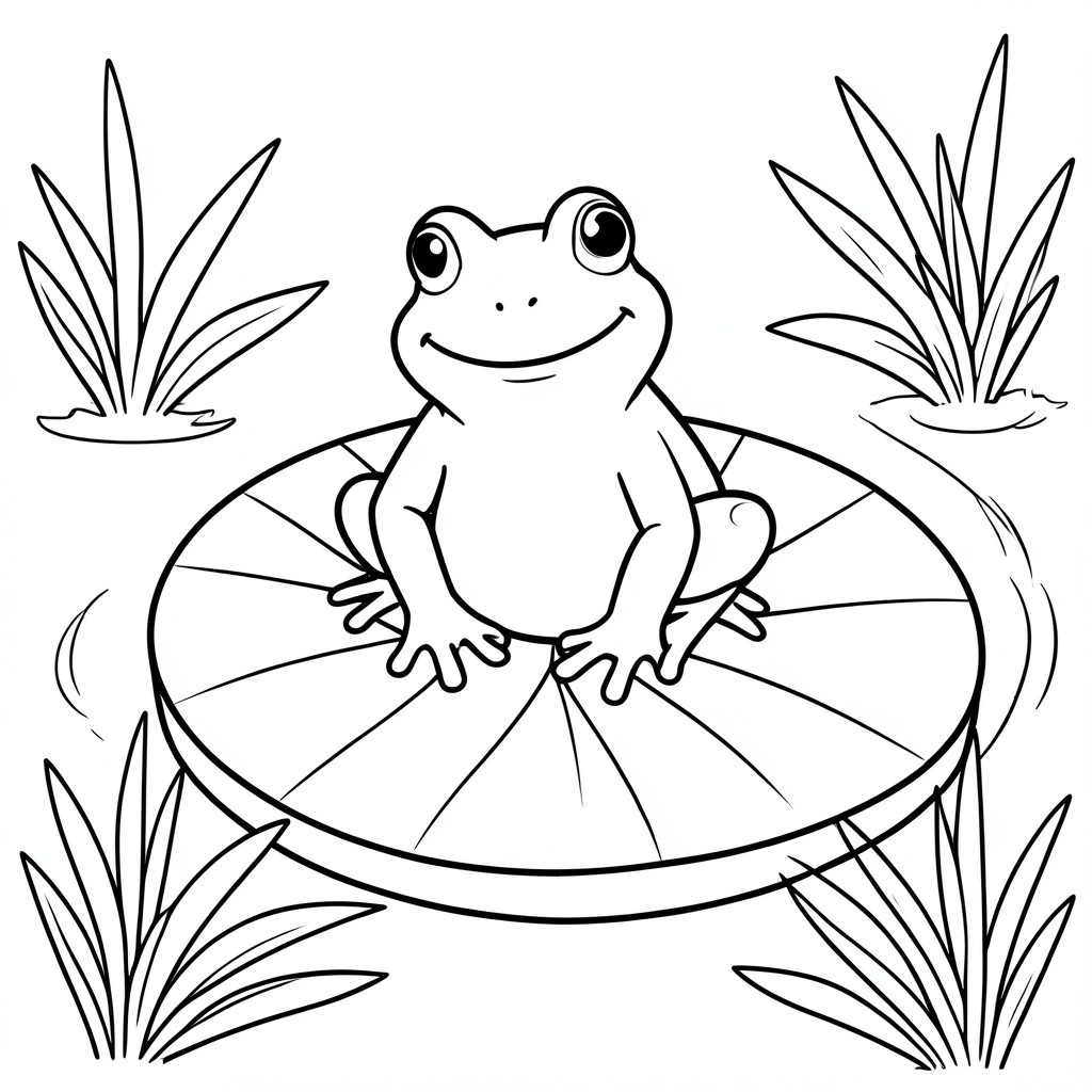 Frog on a Lily Pad – A happy frog sitting on a large lily pad surrounded by simple pond plants
