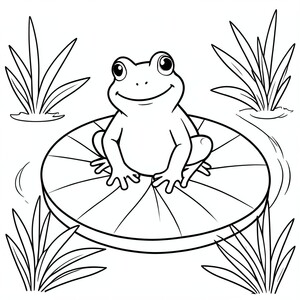 Frog on a Lily Pad – A happy frog sitting on a large lily pad surrounded by simple pond plants
