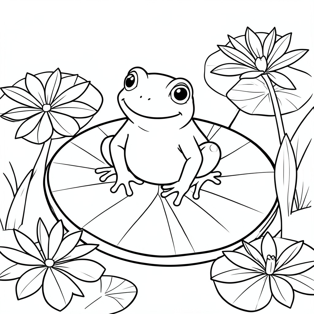 Frog on a Lily Pad – A happy frog sitting on a large lily pad surrounded by many lily pad
.
