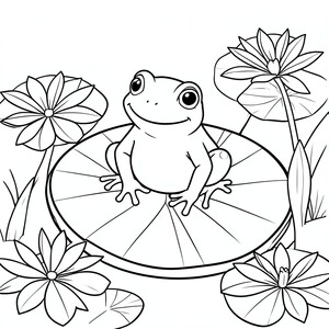 Frog on a Lily Pad – A happy frog sitting on a large lily pad surrounded by many lily pad
.
