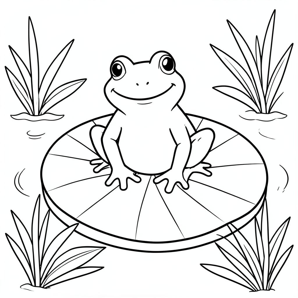 Frog on a Lily Pad – A happy frog sitting on a large lily pad surrounded by simple pond plants.
