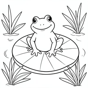 Frog on a Lily Pad – A happy frog sitting on a large lily pad surrounded by simple pond plants.
