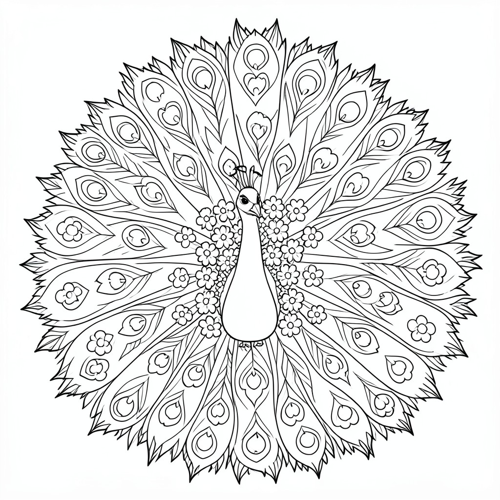 Peacock Showing Feathers – A cute peacock spreading simple patterned feathers with flowers around. Easy repeating shapes for coloring.
