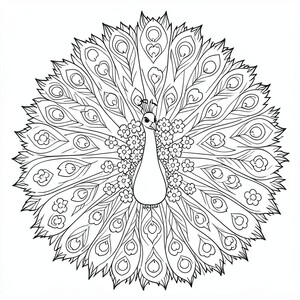 Peacock Showing Feathers – A cute peacock spreading simple patterned feathers with flowers around. Easy repeating shapes for coloring.
