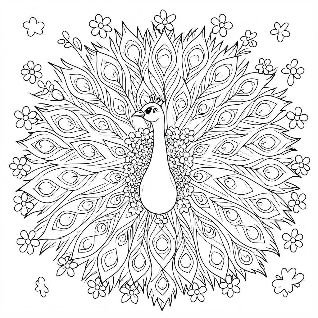 Peacock Showing Feathers – A cute peacock spreading simple patterned feathers with flowers around ON BACKGROUND. Easy repeating shapes for coloring.
