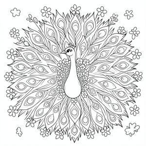 Peacock Showing Feathers – A cute peacock spreading simple patterned feathers with flowers around ON BACKGROUND. Easy repeating shapes for coloring.

