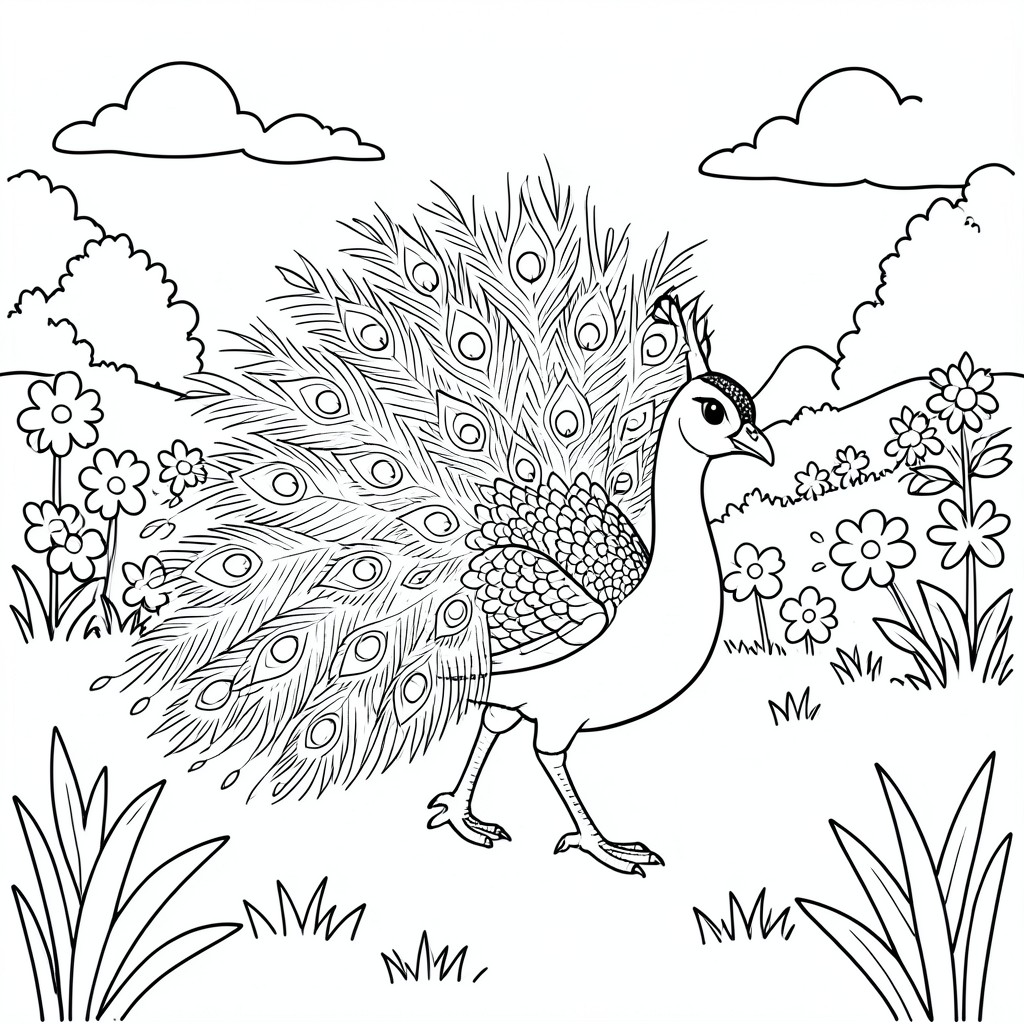 Peacock WALKING ON FIELD  – A cute peacock WALKING with garden on background
. Easy repeating shapes for coloring.
