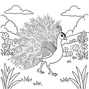 Peacock WALKING ON FIELD  – A cute peacock WALKING with garden on background
. Easy repeating shapes for coloring.
