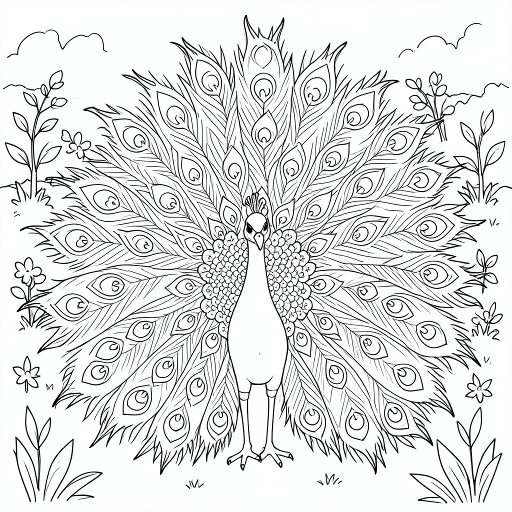 Peacock Showing Feathers – A cute peacock spreading simple patterned feathers with garden on backgroun. Easy repeating shapes for coloring.

