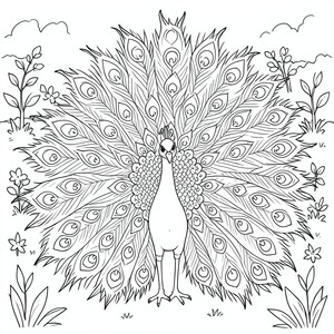 Peacock Showing Feathers – A cute peacock spreading simple patterned feathers with garden on backgroun. Easy repeating shapes for coloring.


