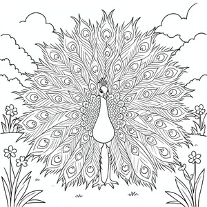 Peacock Showing Feathers – A cute peacock spreading simple patterned feathers with garden on background. Easy repeating shapes for coloring.

