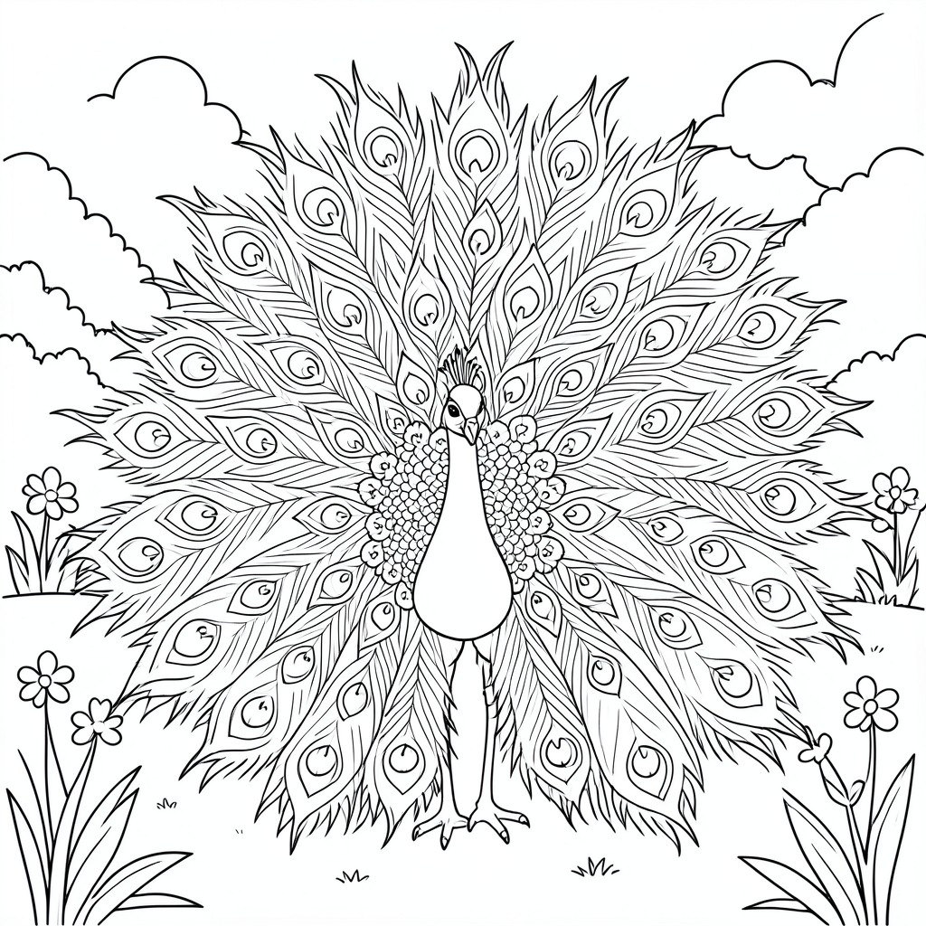 Peacock Showing Feathers – A cute peacock spreading simple patterned feathers with garden on background. Easy repeating shapes for coloring.
