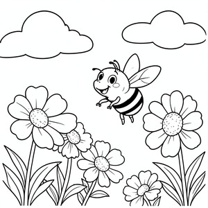 Bee Flying Near Flowers – A large smiling bee buzzing near oversized flowers and clouds. Very simple garden scene.
